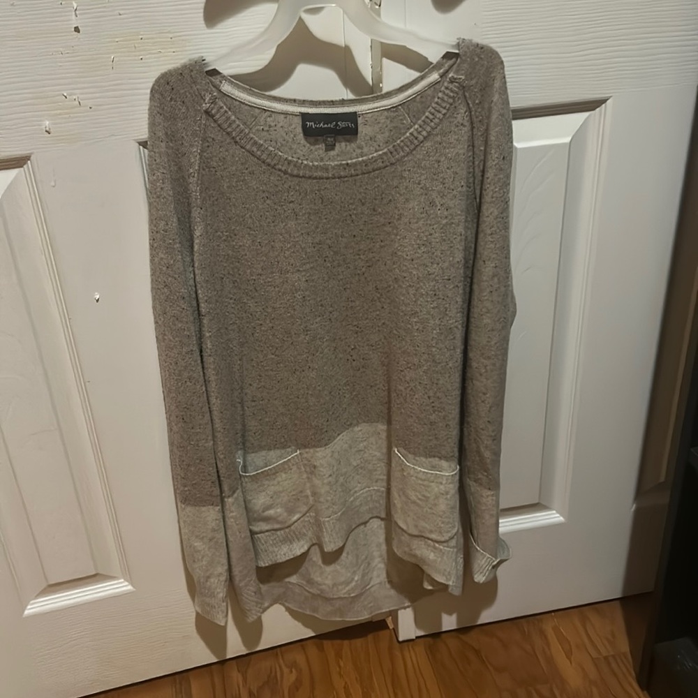 Micheal Stars Women’s Gray & White Scoop Neck Long-Sleeve Sweater w Pockets M/L